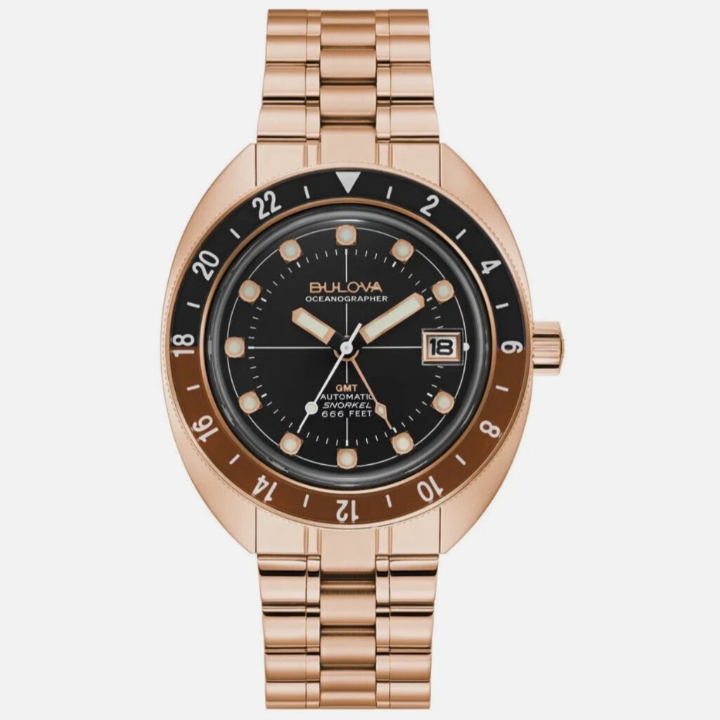 Bulova Mens 41mm Gmt Automatic Rose Gold Root Beer Watch